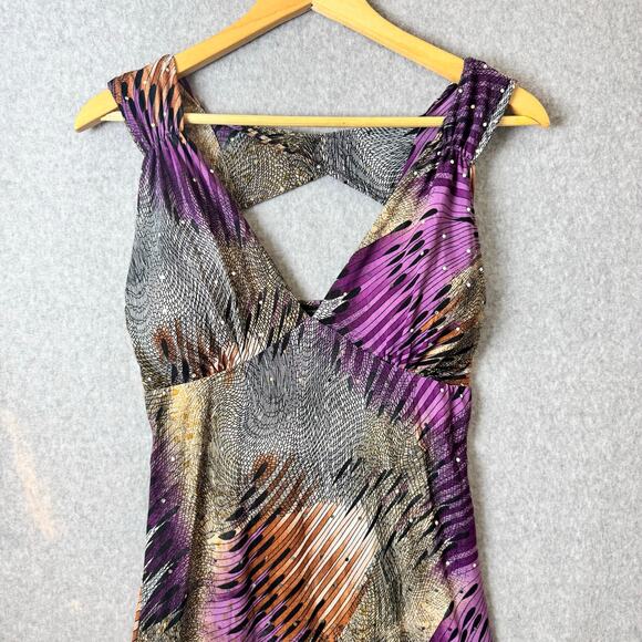 Y2K sleeveless babydoll maxi dress multi-color abstract print V-neckline Studded - Picture 6 of 14